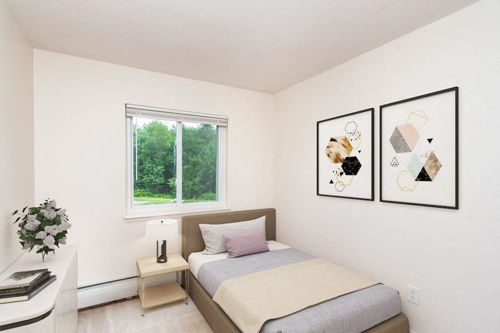 Carpeted Bedroom with Windows With Blinds at Rolling Green Apartments, Massachusetts, 01002