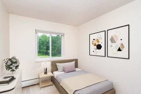 Carpeted Bedroom with Windows With Blinds at Rolling Green Apartments, Massachusetts, 01002