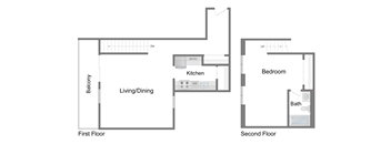 A floor plan of a two-story home with a living/dining area, kitchen, bathroom, and bedroom.