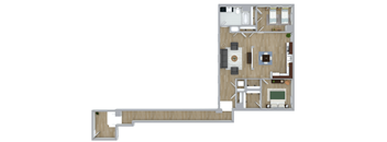 A floor plan of a house with a kitchen, living room, and two bedrooms.