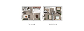 Three Bedroom Two Bathroom Townhome 3D Floor Plan.at The Oak at Island Creek Village, Massachusetts