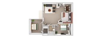 Two Bedroom  One Bathroom Floor Plan in 3D.at The Oak at Island Creek Village, Duxbury Massachusetts