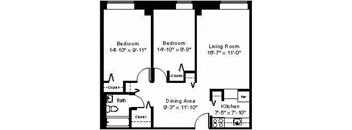 two-bedroom-floorplan at Whittier Terrace, Worcester, MA, 01609