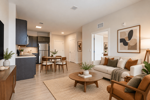 A modern living room with a kitchen area in the background at The Atwater at Ninth Square Apartments, New Haven, CT