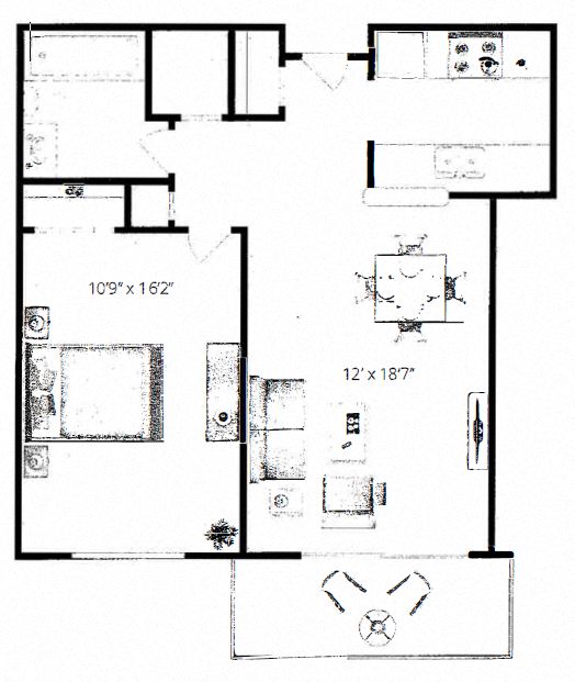 1 Bedroom 1 Bathroom Floorplan Layout. at Waterford Place, Massachusetts, 02118