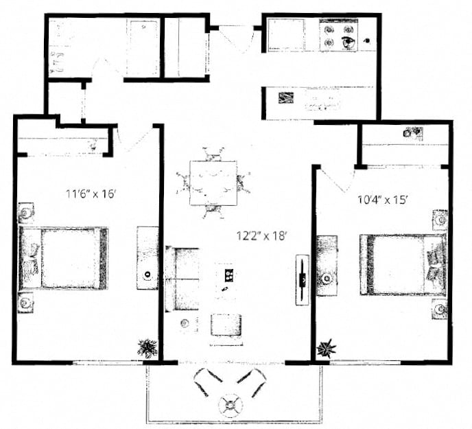 2 Bedroom 1 Bathroom Floorplan Layout. at Waterford Place, Massachusetts, 02118