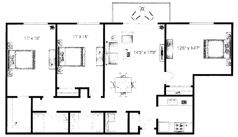 3 Bedroom 2 Bathroom Floorplan Layout. at Waterford Place, Massachusetts