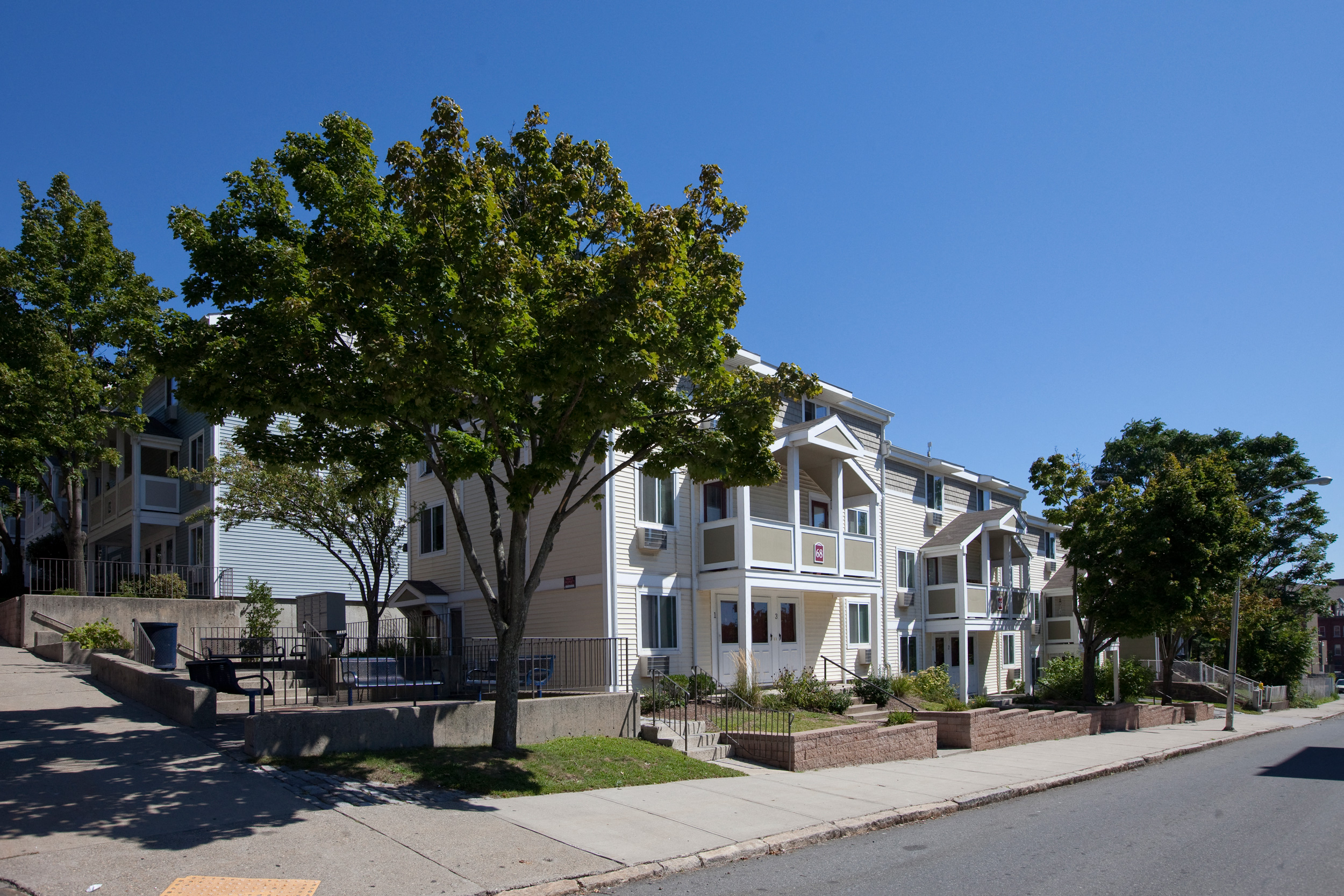 Street View With Beautiful Tree And Landscaped Walkway  at Whittier Terrace, Worcester, MA, 01609