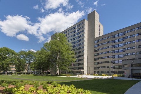 Modern apartment building with landscaped courtyard at Baystate Place Apartments, Massachusetts, 1104