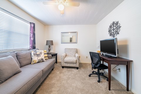A living room with a grey couch, a chair, a table with a computer monitor and a lamp.