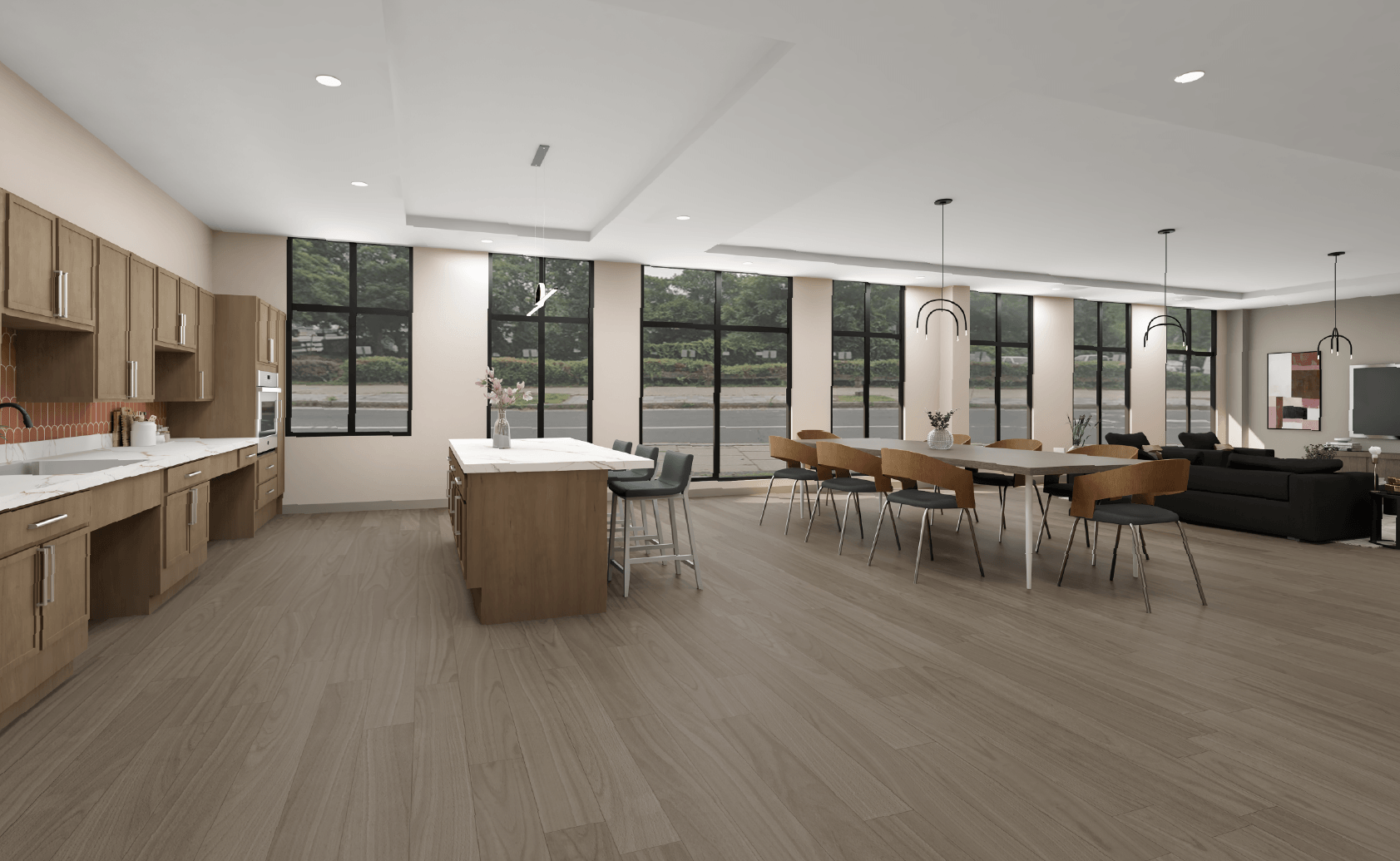 A modern kitchen with wooden floors and furniture.