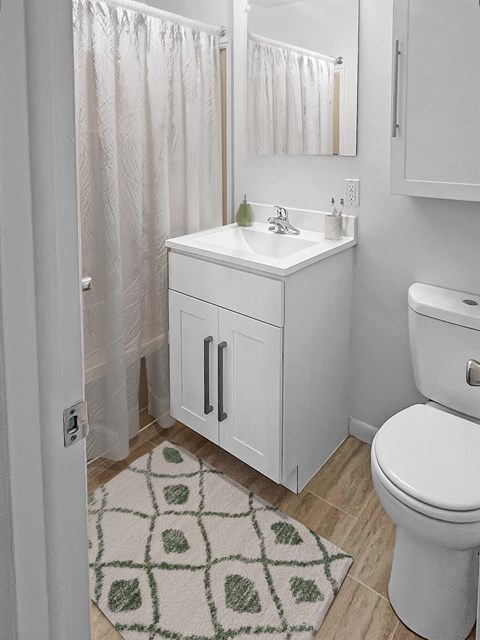 A white bathroom at Rolling Green Apartments, Amherst, MA 01002