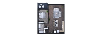A top-down view of a modern apartment layout with a kitchen, living room, and bathroom.