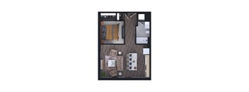 A top-down view of a room with a bed, a couch, a coffee table, and a dining table.