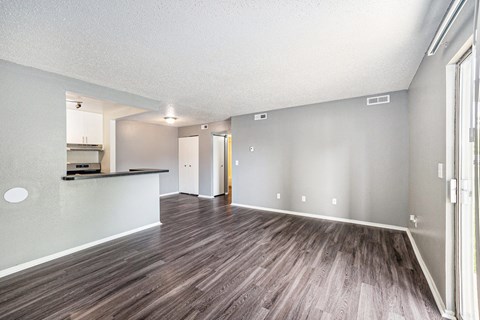 a spacious living room with a kitchen in the background