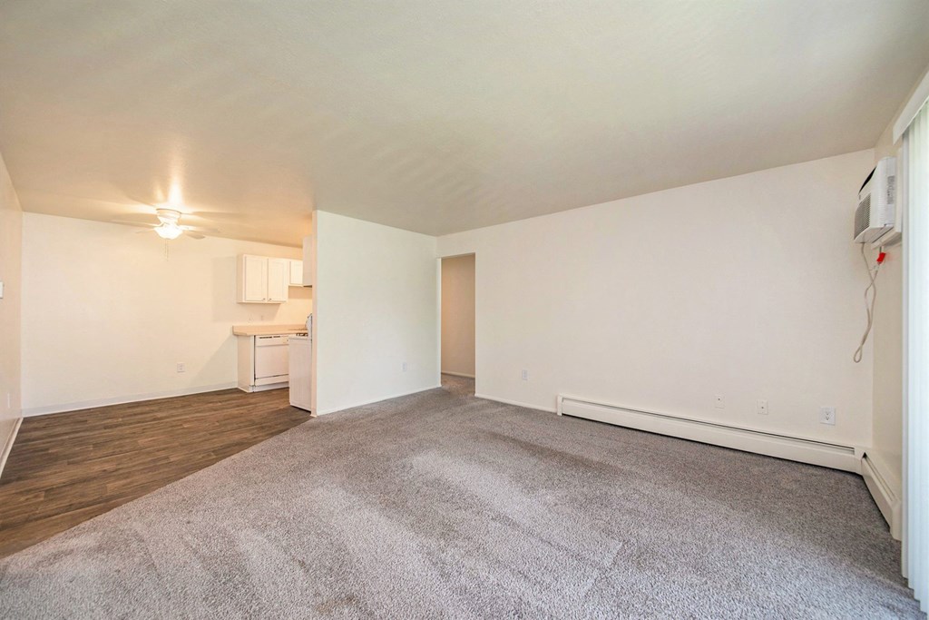 the living room of an apartment with a carpeted floor and white walls