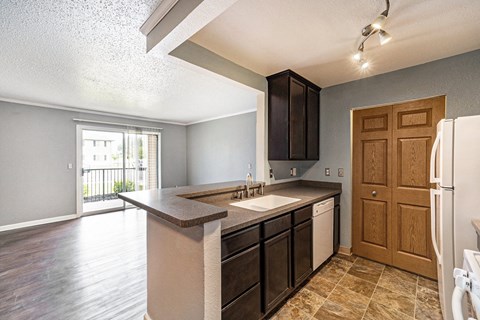 a kitchen with a sink and a refrigerator