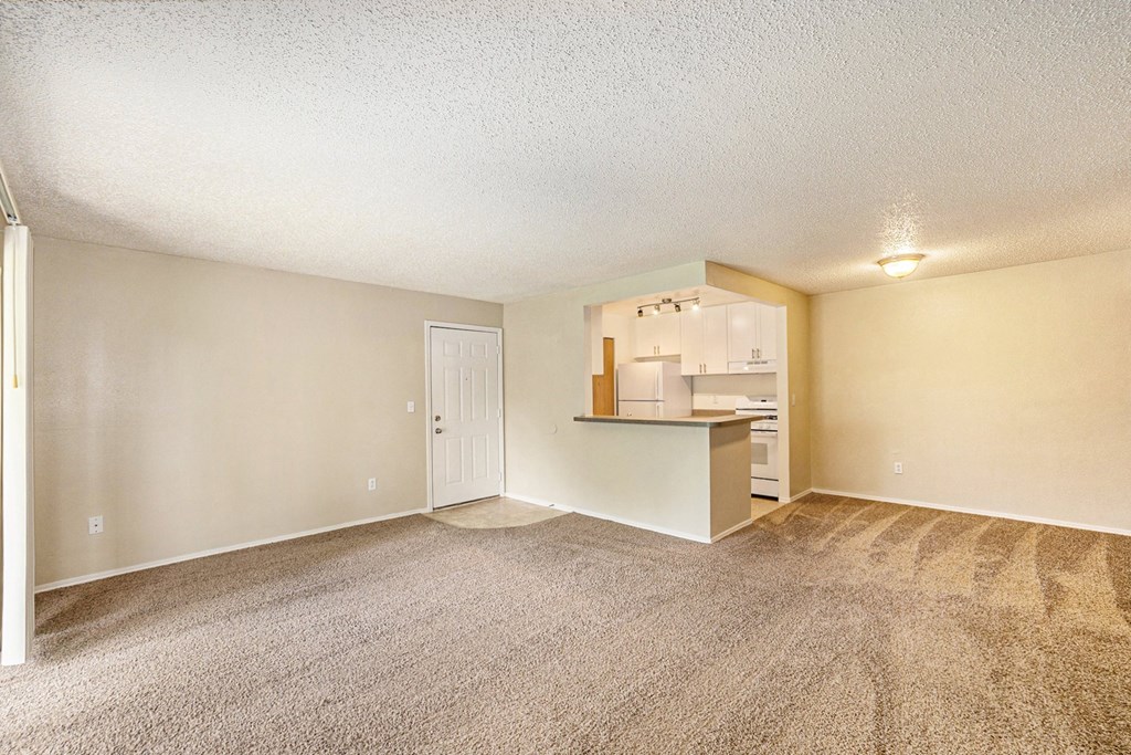 an empty living room with a kitchen in the background