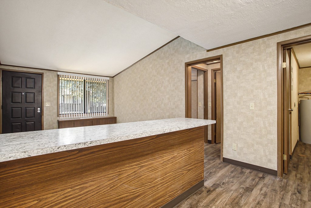 a kitchen with a counter top in front of a window