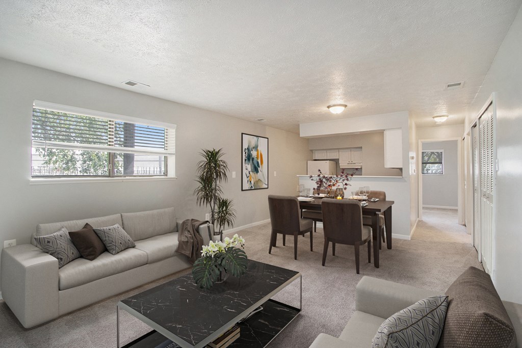 the living room and dining room of an apartment