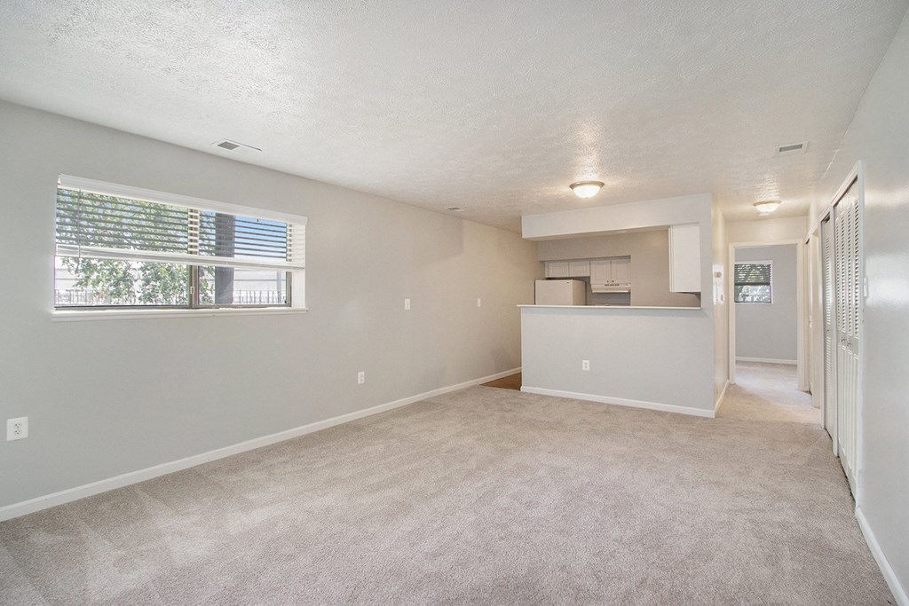 a spacious living room with a kitchen in the background