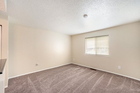 a bedroom with carpet and a window