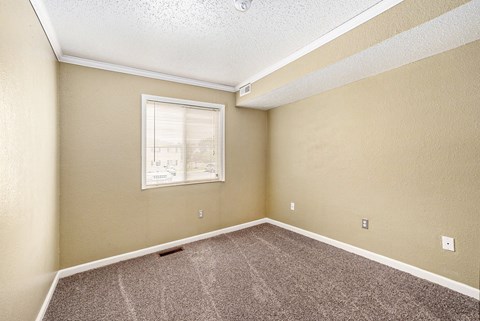 a bedroom with carpet and a window
