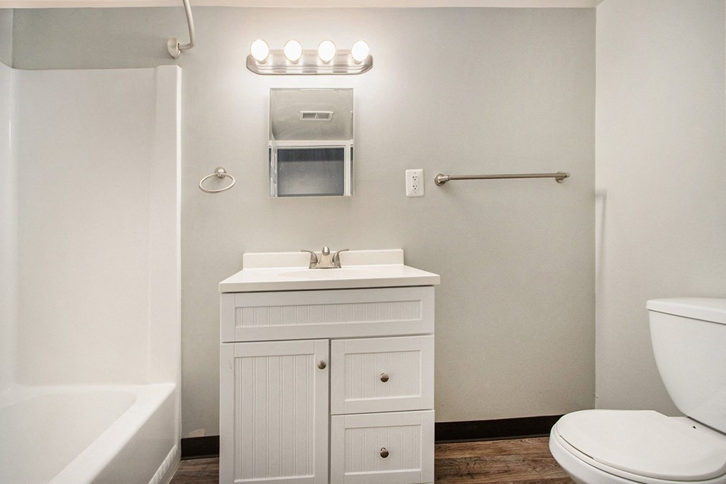 a bathroom with a sink toilet and bathtub