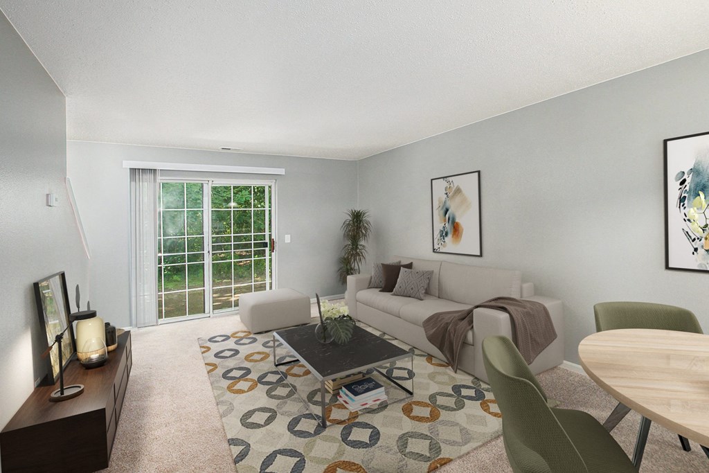 a living room with a couch and a table