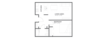 A floor plan of a small apartment with a kitchen, living area, and bedroom.