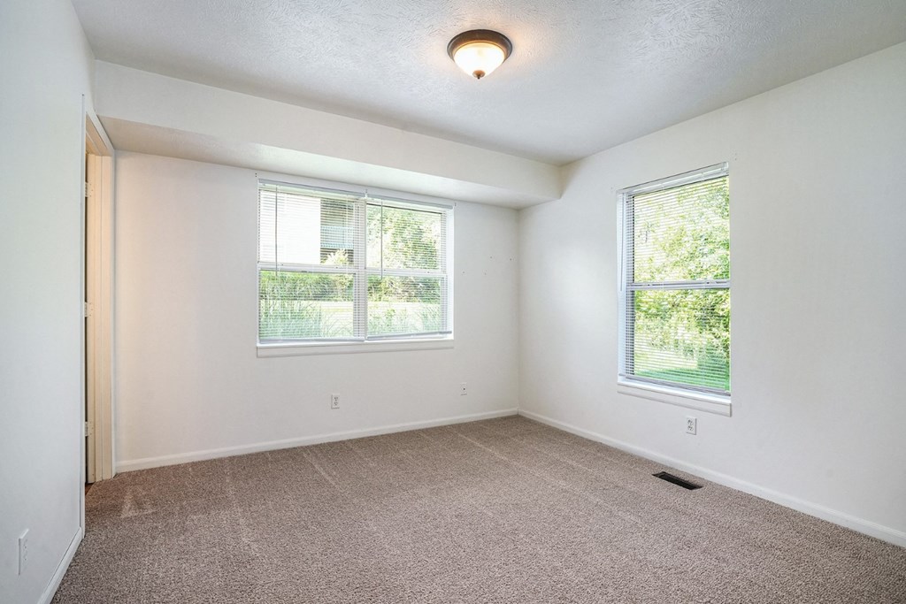 a bedroom with two windows and a carpeted floor
