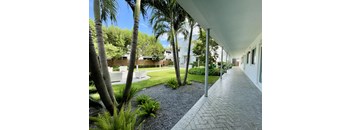 a long walkway with palm trees and a grassy area in the background
