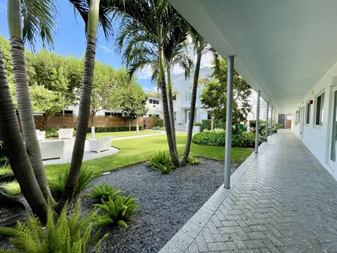 a long walkway with palm trees and a grassy area in the background