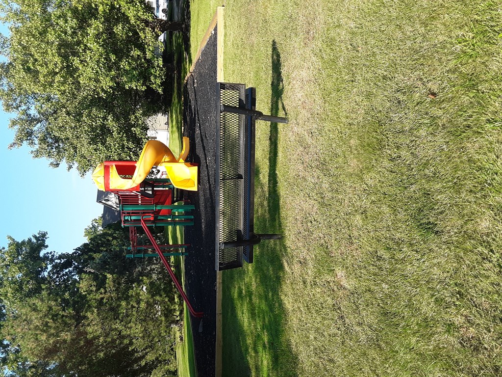 a playground with a slide in a grassy field