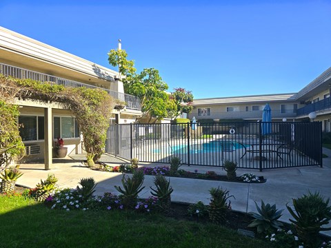 A pool surrounded by a black fence and a green lawn.