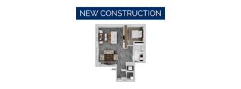a floor plan of a studio apartment with the words new construction on top of it
