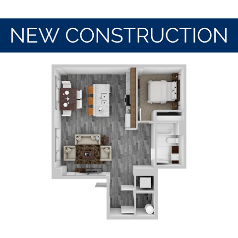 a floor plan of a studio apartment with the words new construction on top of it