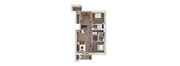 a stylized floor plan with a bedroom and a living room