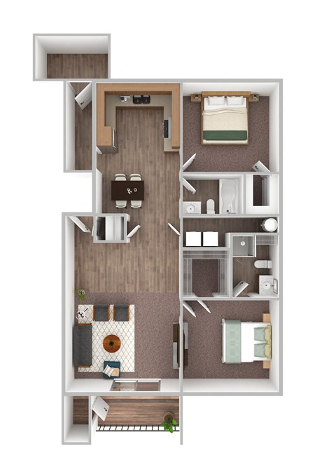 a stylized floor plan with a bedroom and a living room
