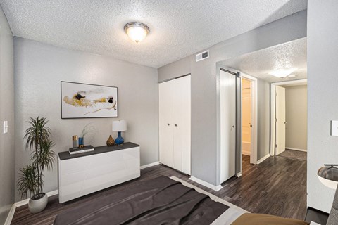 a bedroom with a bed and a closet and a mirror