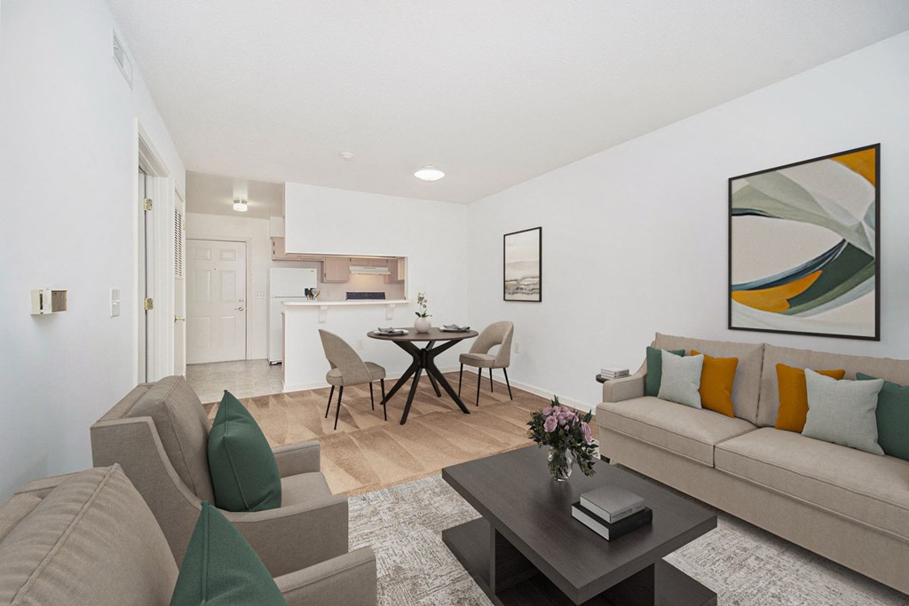 a living room with a couch and a table