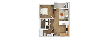 A top-down view of a modern apartment layout with a kitchen, living room, and bedroom.