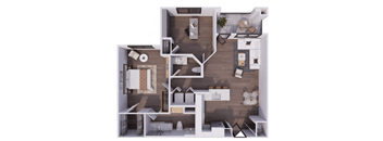 A top-down view of a house layout with a kitchen, living room, and bedrooms.