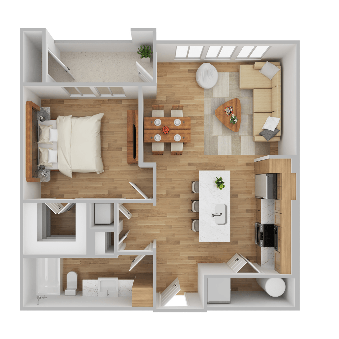 A top-down view of a modern apartment layout with a kitchen, living room, and bedrooms.