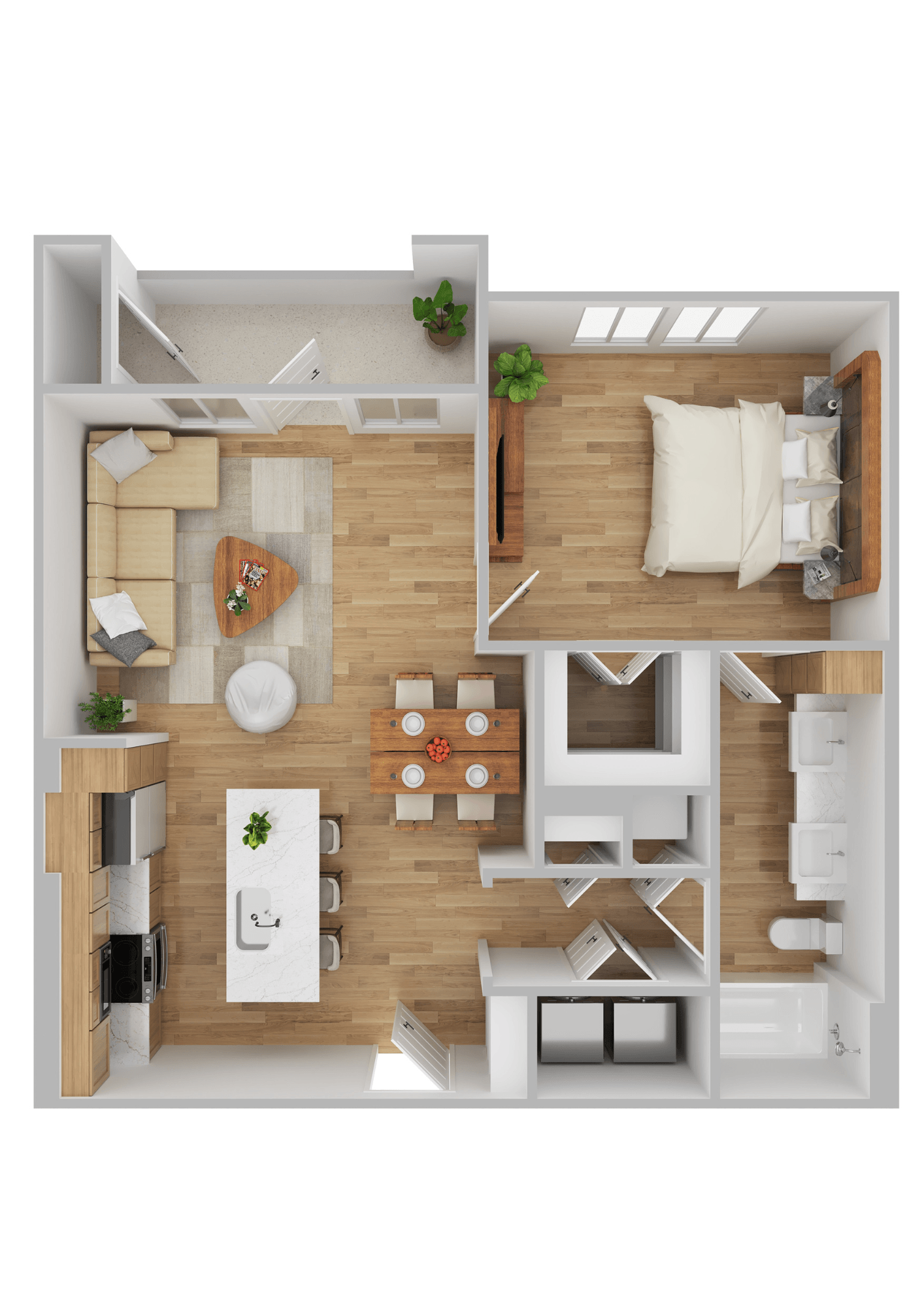 A top-down view of a modern apartment layout with a kitchen, living room, and bedroom.