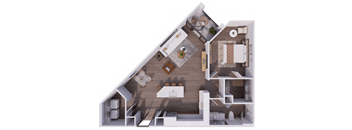 A 3D floor plan of a house with a kitchen, living room, and bathroom.