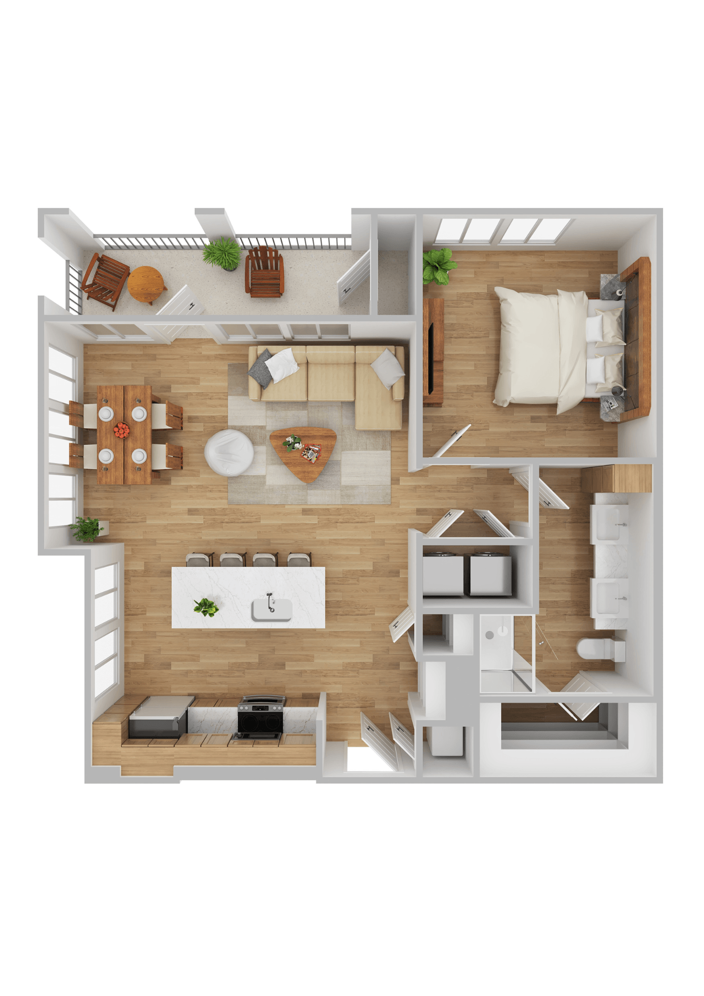 A top-down view of a modern apartment layout with a kitchen, living room, dining area, and bedrooms.