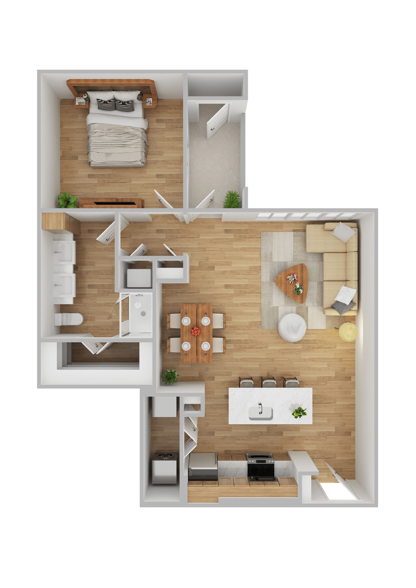 A top-down view of a small apartment with a bedroom, living room, and kitchen.
