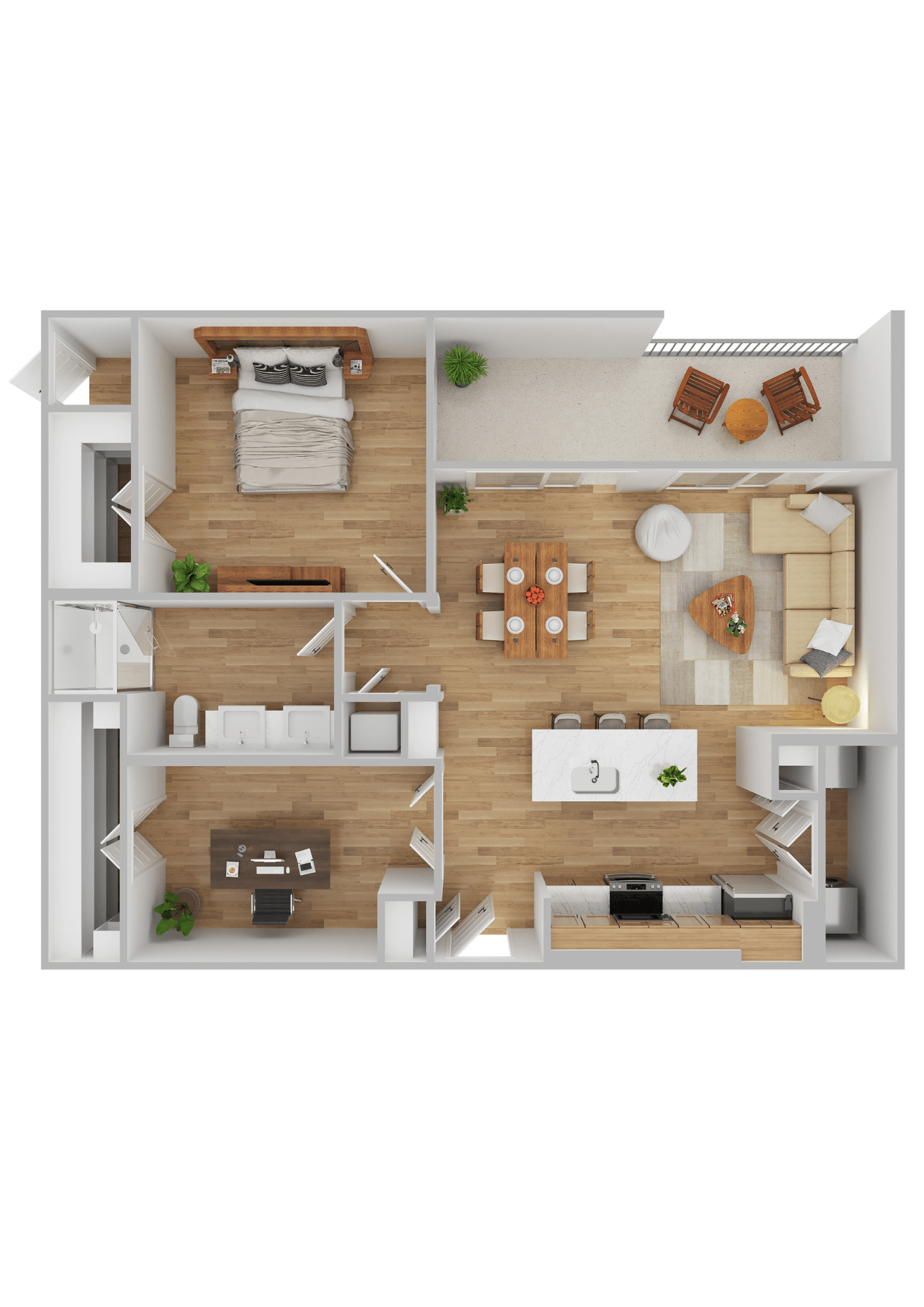 A top-down view of a small apartment with a kitchen, living room, and bedroom.