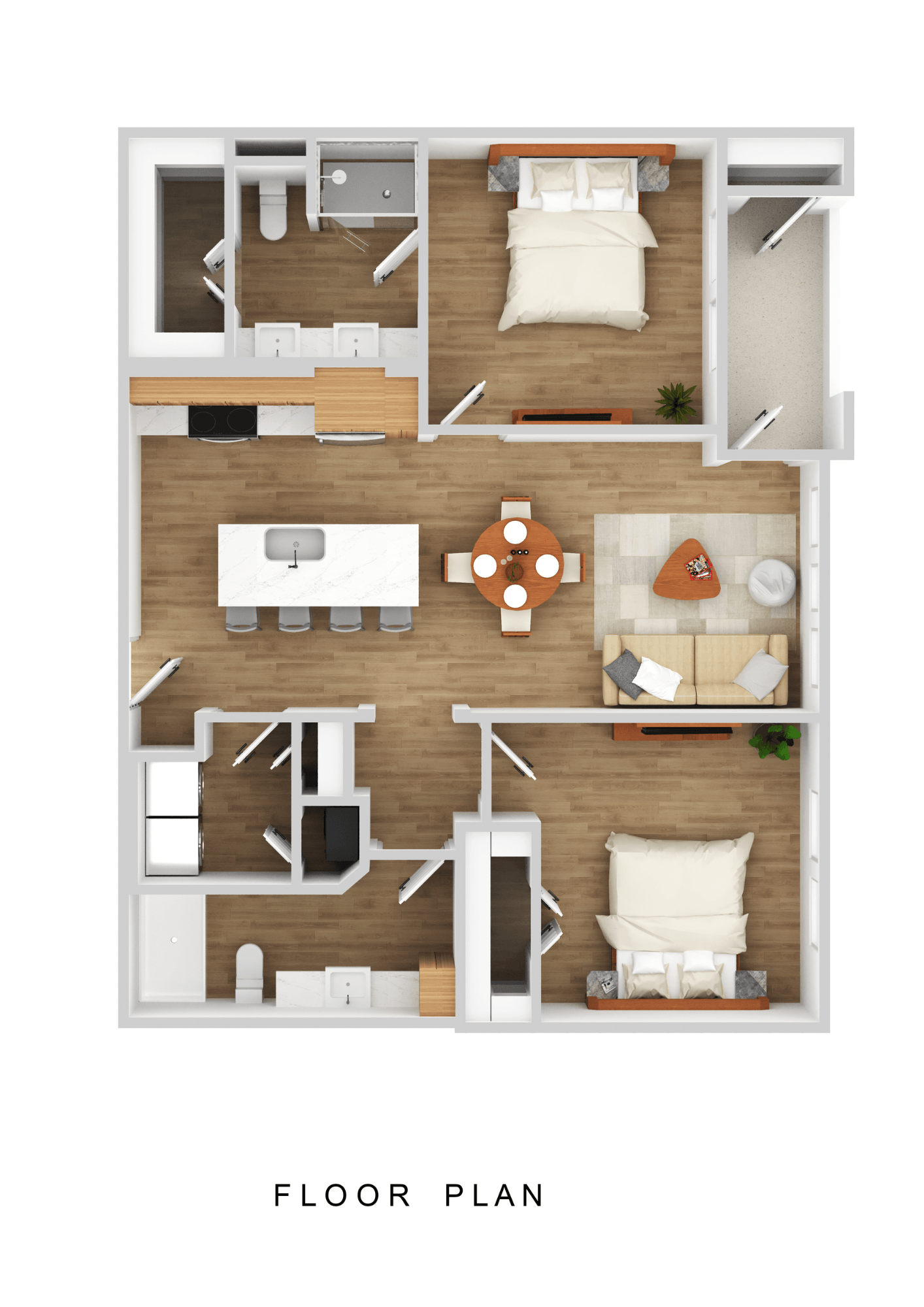 A floor plan of a house with a living room, kitchen, and two bedrooms.